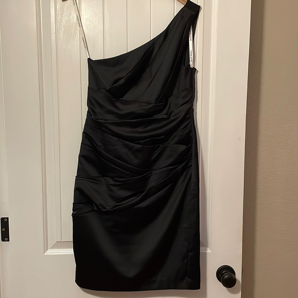 David's Bridal Black Satin One Shoulder Ruched Mini Dress